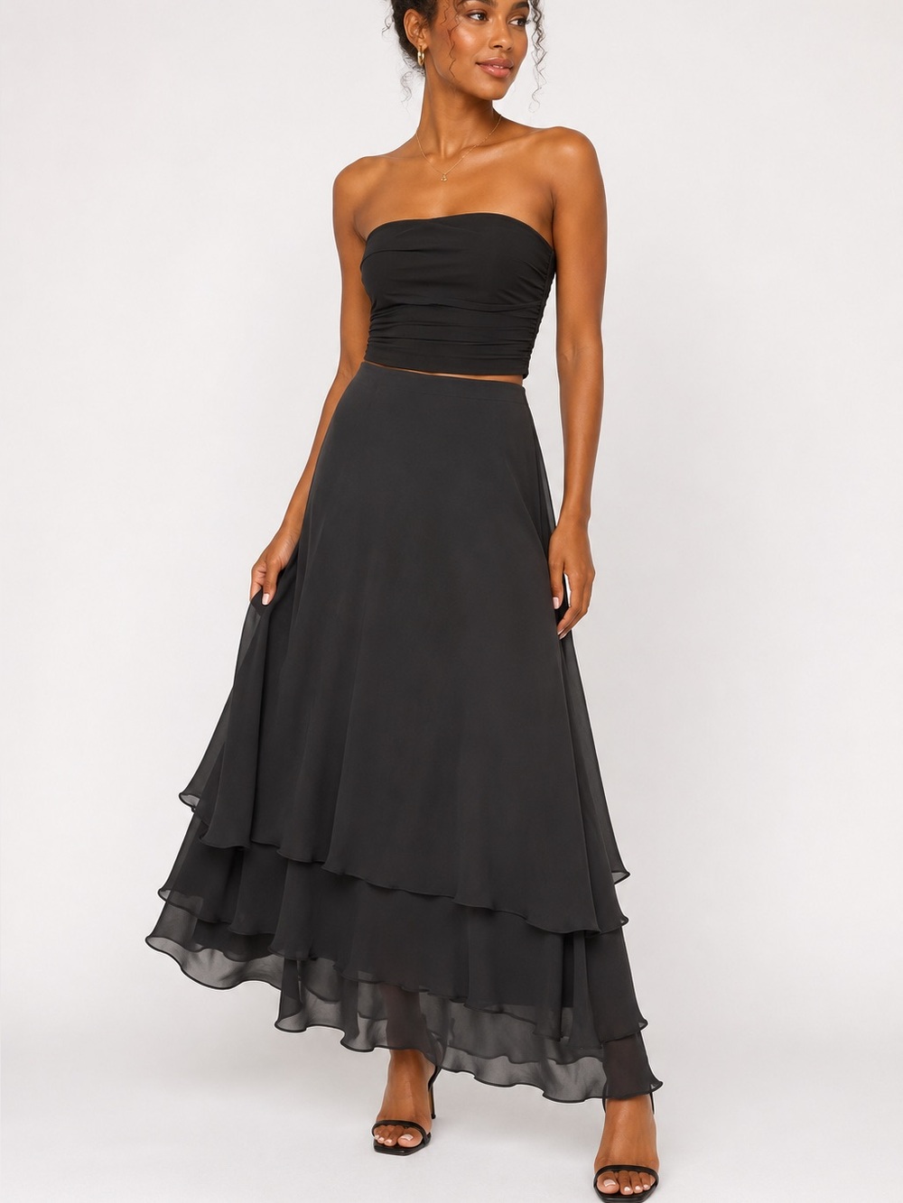 ALEX Evenings Petite Black Layered Chiffon Maxi Skirt PM